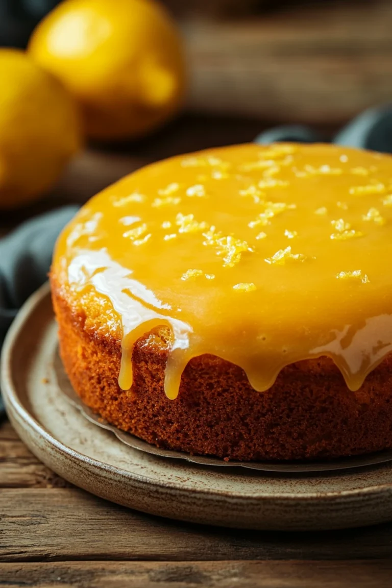Close-up of a lemon cake with a light glaze, no buttermilk used, on a clean white background.