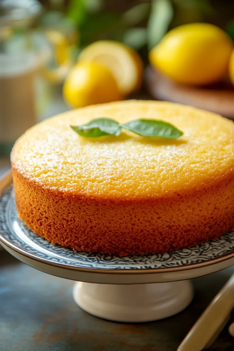Close-up of a lemon cake with a golden crust and no milk in the recipe.