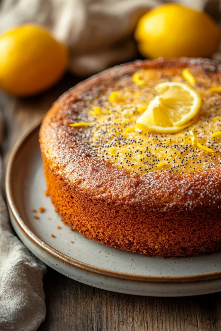 Close-up of a lemon poppy seed zucchini cake with a slice cut out, showing moist texture and poppy seeds.