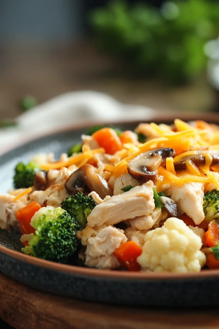 Close-up of a low calorie chicken casserole with creamy sauce and herbs