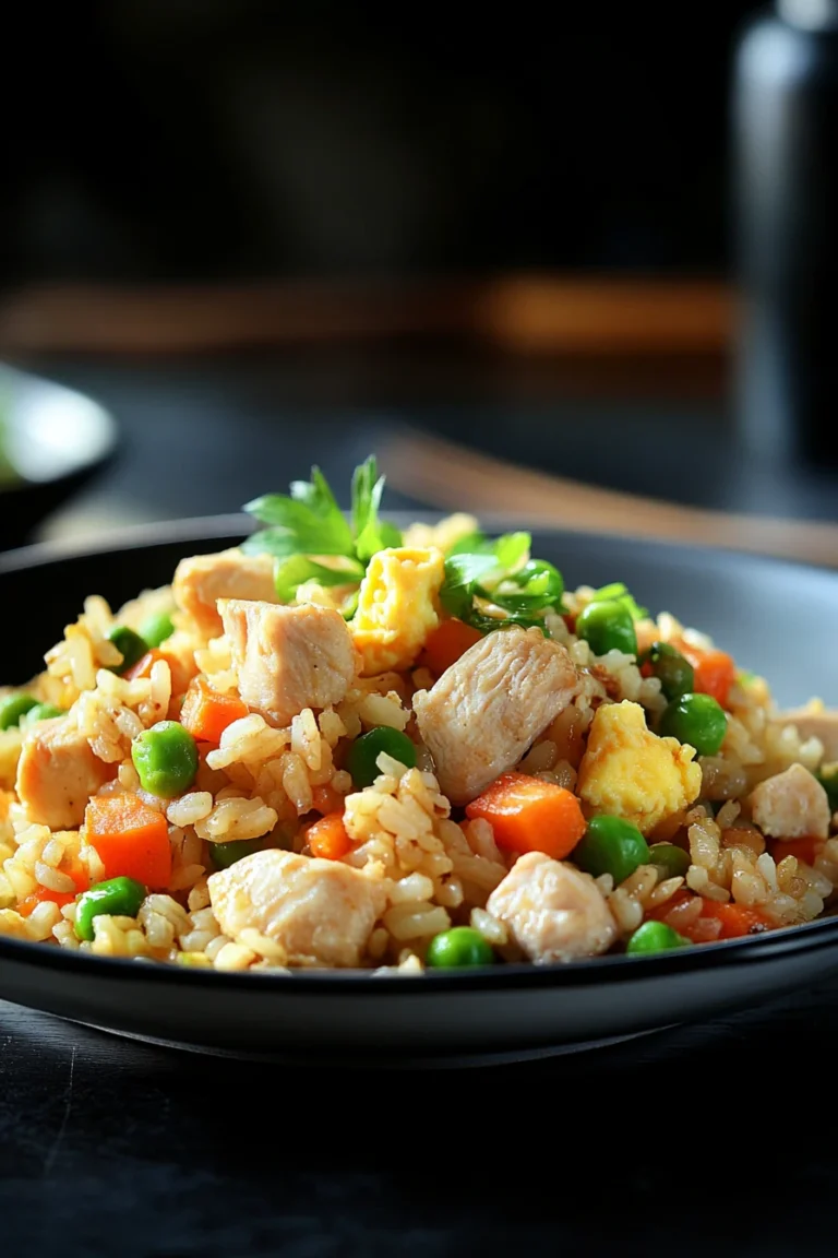 Close-up of low calorie chicken fried rice with colorful vegetables in a white bowl.