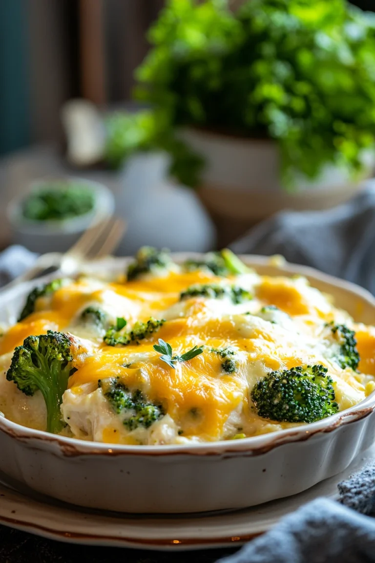 Close-up of a low carb chicken and broccoli cheesy casserole with golden melted cheese