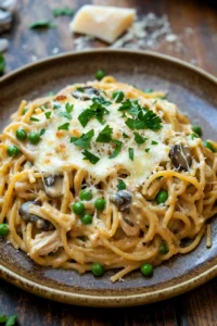 Close-up of make ahead chicken tetrazzini with creamy sauce and pasta