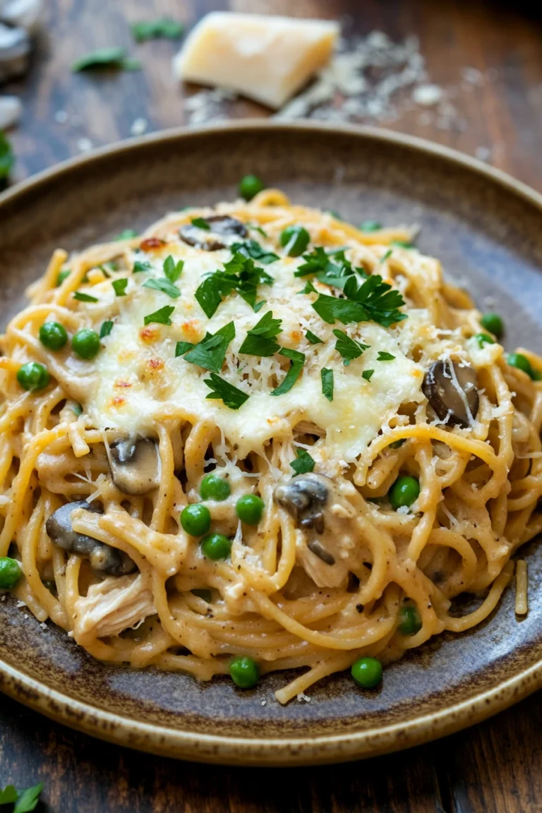 Close-up of make ahead chicken tetrazzini with creamy sauce and pasta