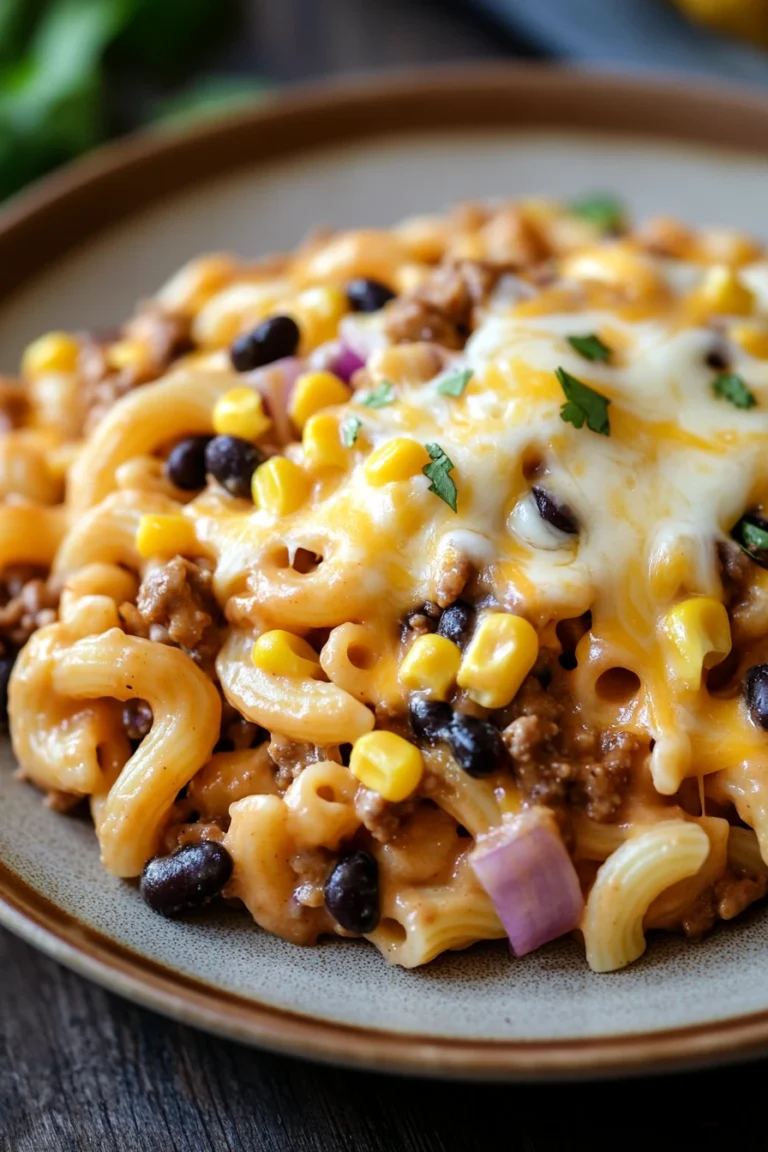 Close-up of creamy pasta with cheese and sauce, perfect for make ahead taco pasta