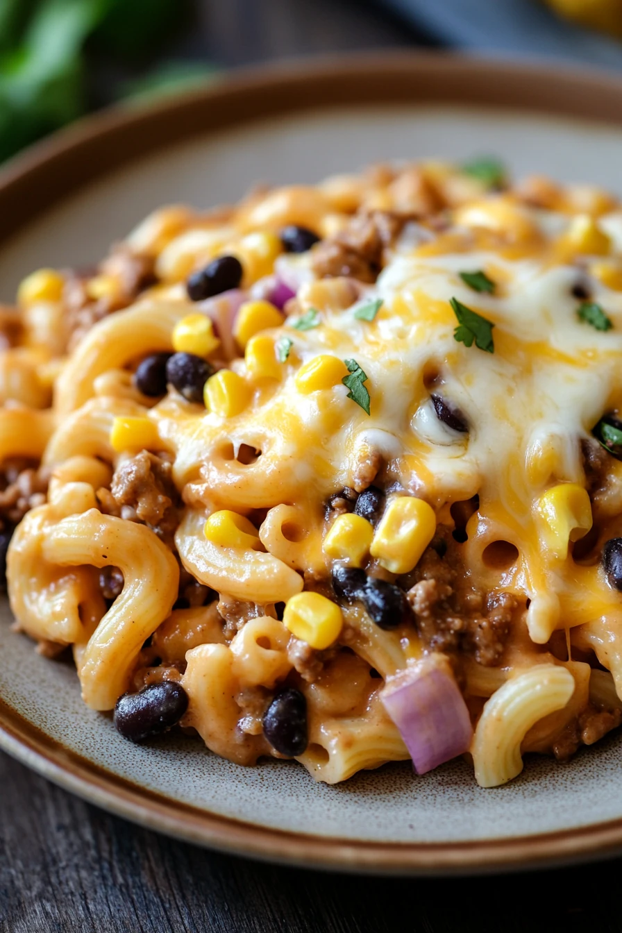 Close-up of creamy pasta with cheese and sauce, perfect for make ahead taco pasta