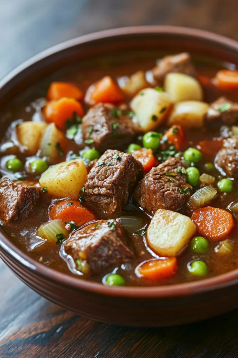 Close-up of a hearty beef stew with chunks of beef and vegetables in a rich sauce.