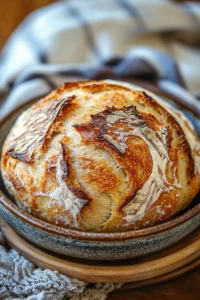 Close-up of a freshly baked no knead bread with a golden crust on a wooden board.