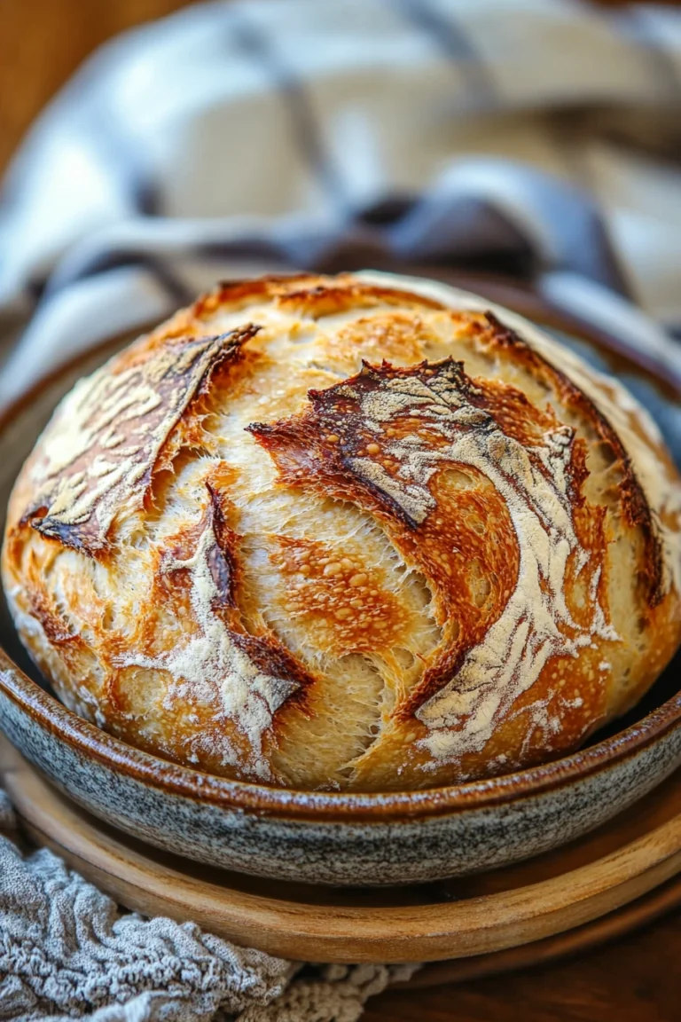 Close-up of a freshly baked no knead bread with a golden crust on a wooden board.