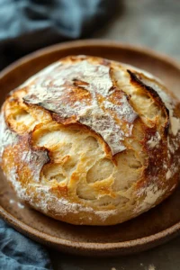 Close-up of freshly baked no knead bread loaves with a golden crust on a minimal background.