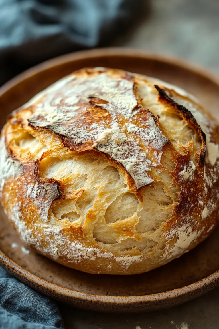 Close-up of freshly baked no knead bread loaves with a golden crust on a minimal background.