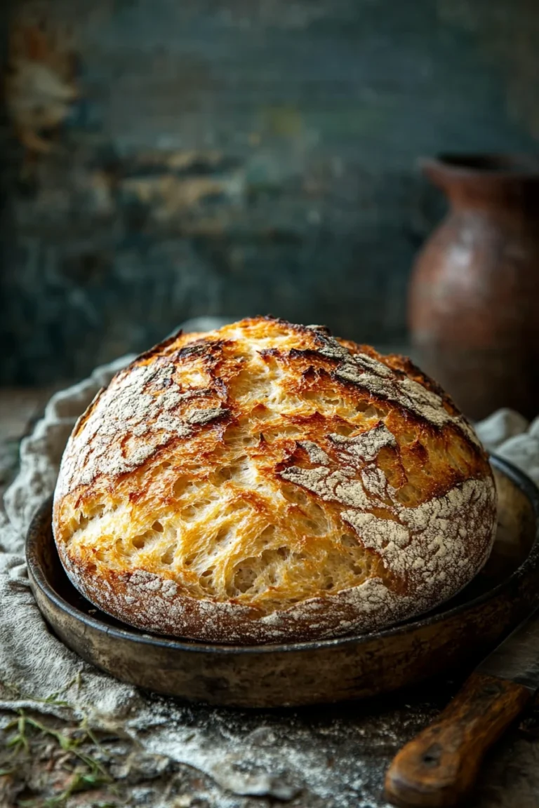 Golden brown no knead bread with a crispy crust on a wooden board