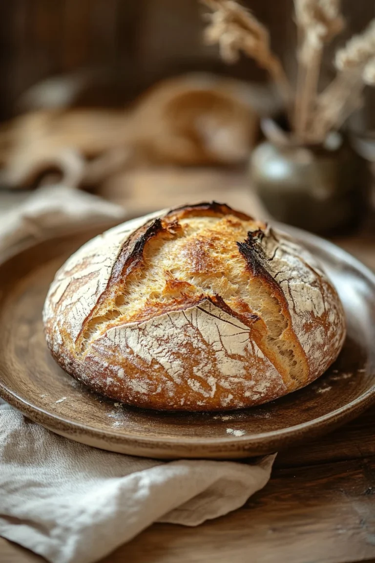 Close-up of a freshly baked no knead bread with a golden crust, perfect for vegan diets.