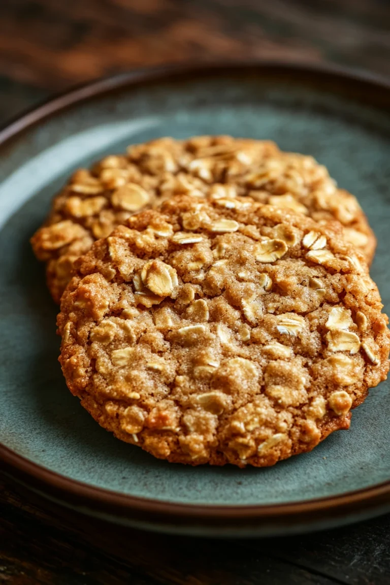 Close-up of freshly baked oatmeal cookies on a wooden surface