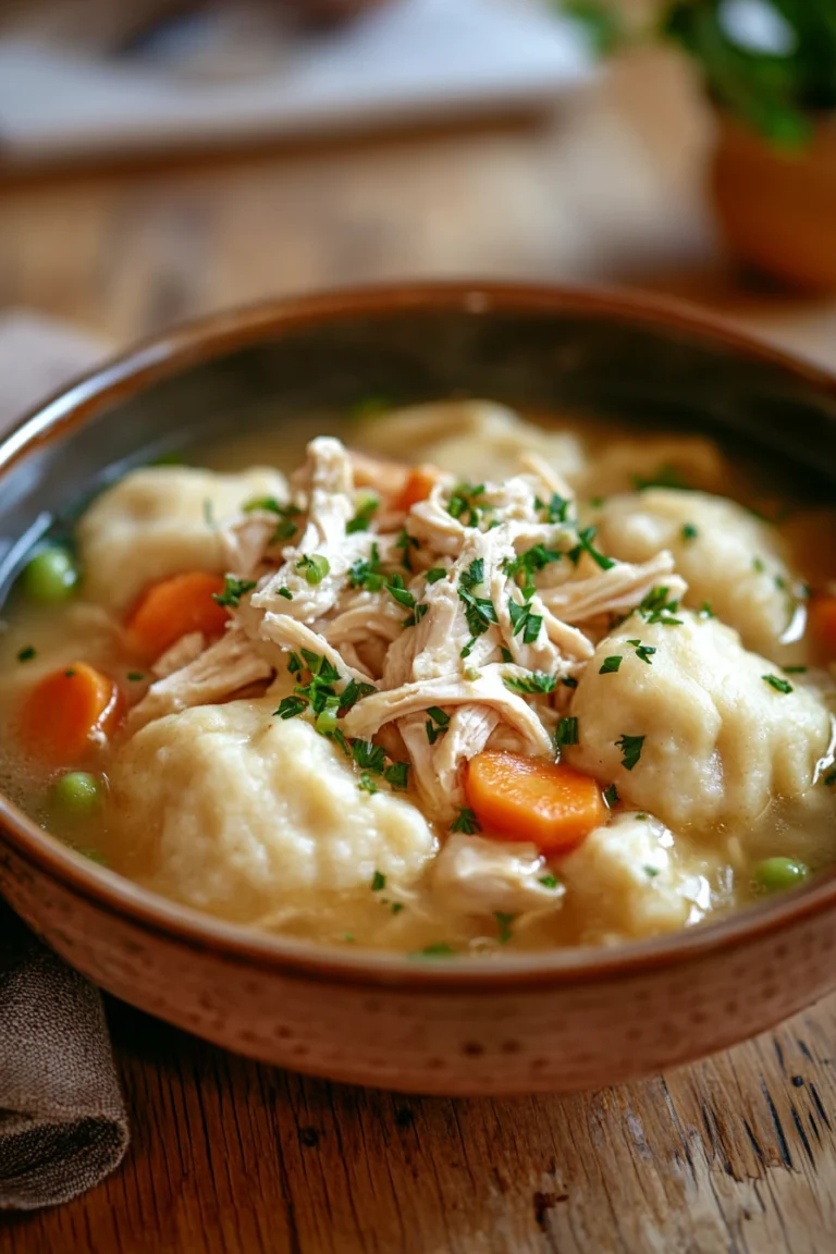 Close-up of one pot chicken dumplings with creamy sauce and herbs