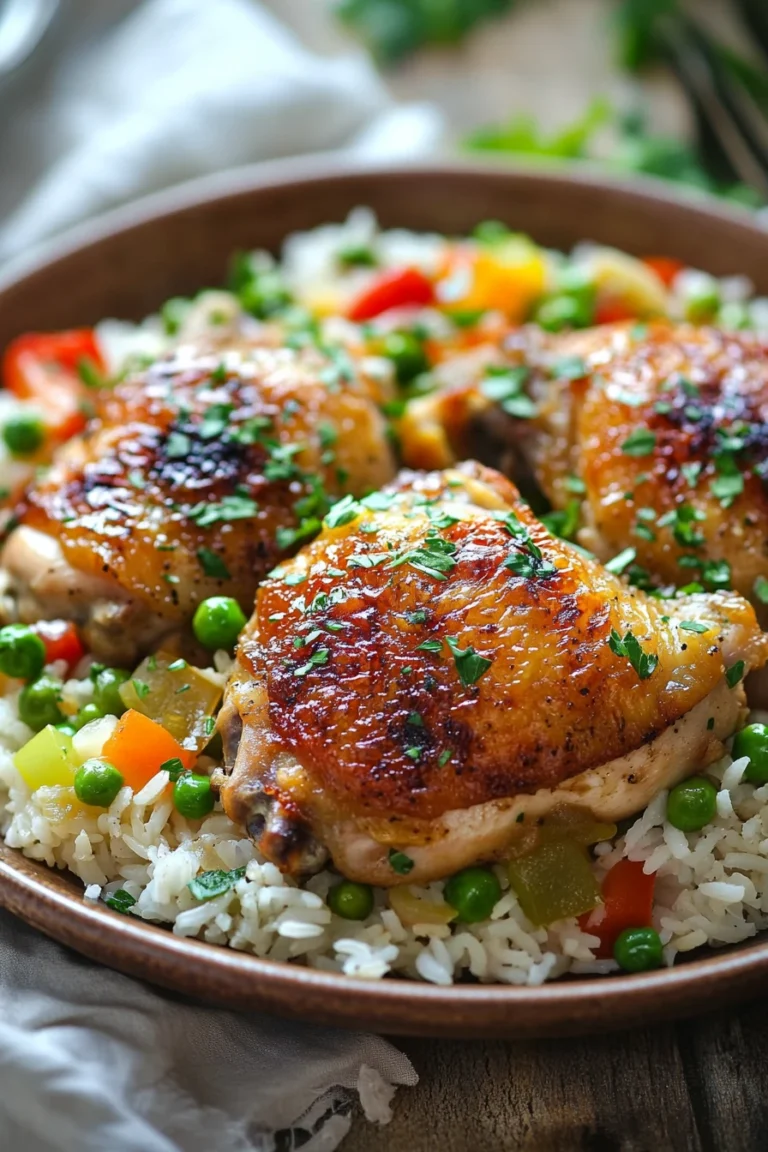 Close-up of one pot chicken thighs and rice with herbs in a warm, inviting setting.