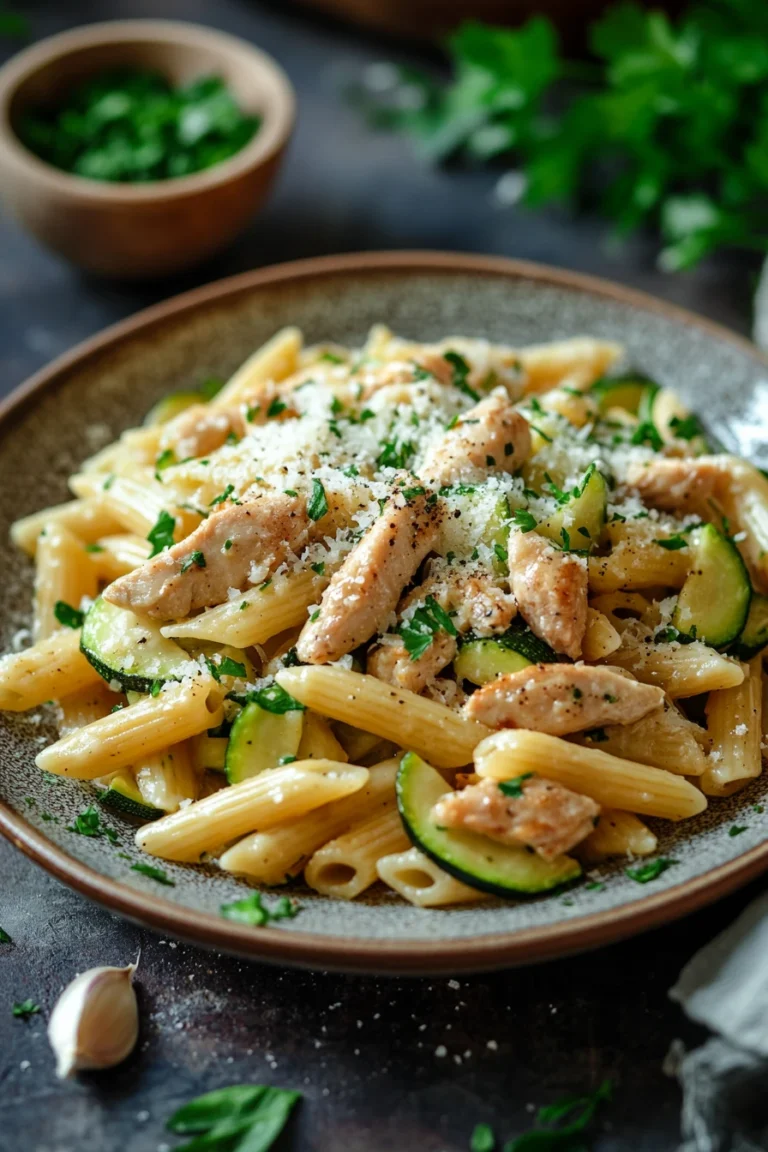 Close-up of one pot chicken zucchini pasta with creamy sauce and herbs