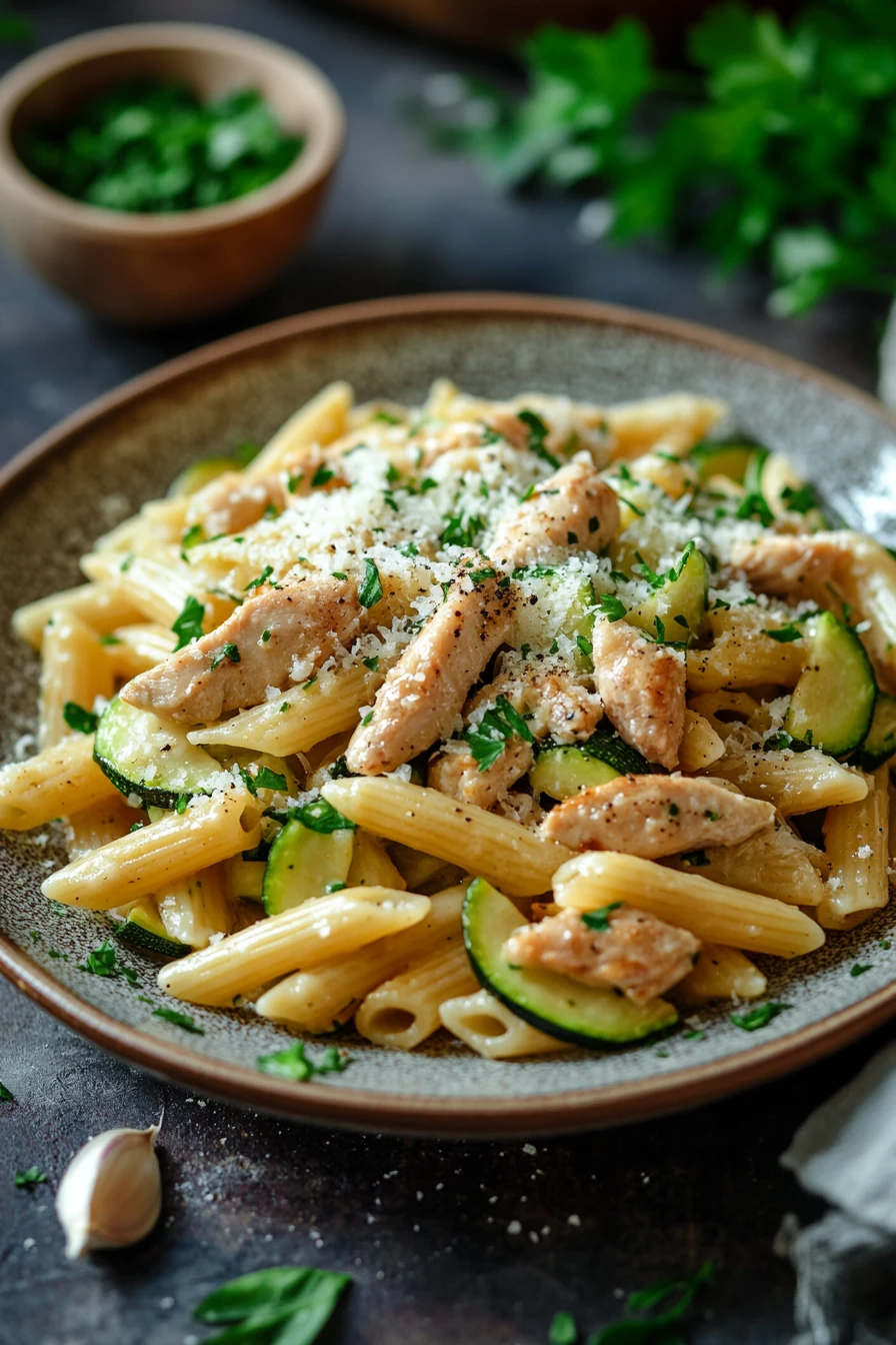 Close-up of one pot chicken zucchini pasta with creamy sauce and herbs