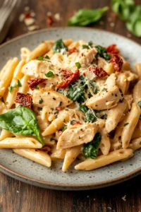Close-up of one pot creamy Tuscan chicken pasta with rich sauce and herbs