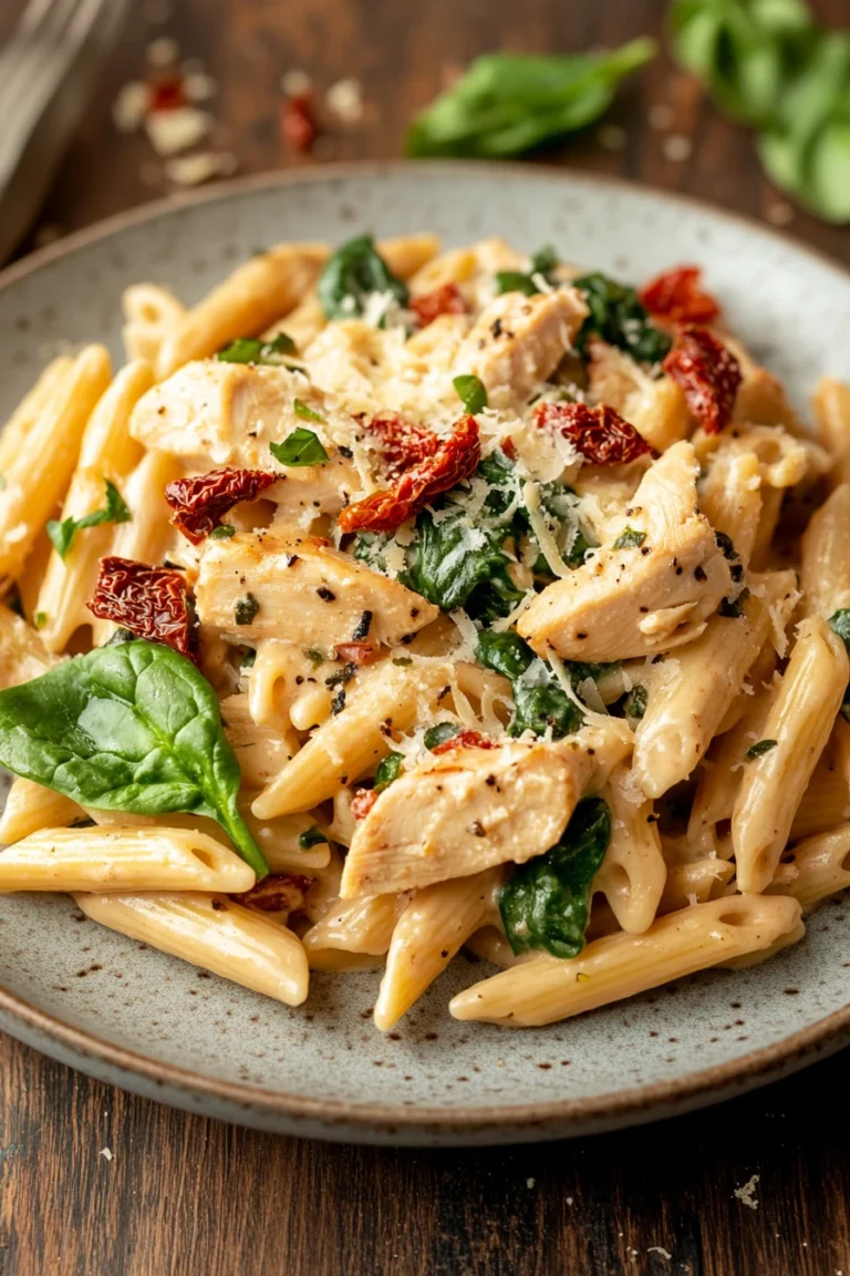 Close-up of one pot creamy Tuscan chicken pasta with rich sauce and herbs