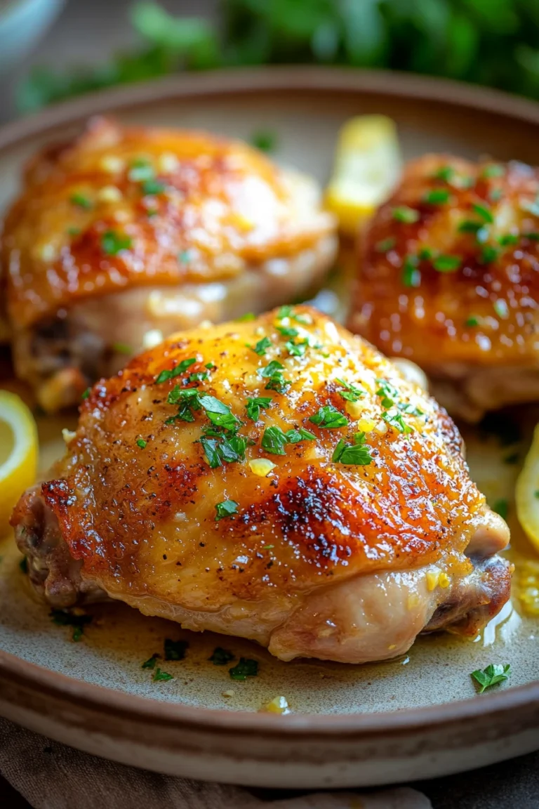 Close-up of one pot lemon garlic chicken with bright, natural lighting and clean background