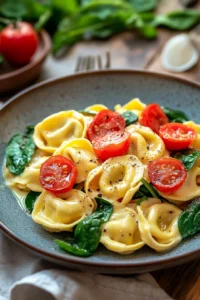 Close-up of one pot pasta tortellini with creamy sauce and herbs