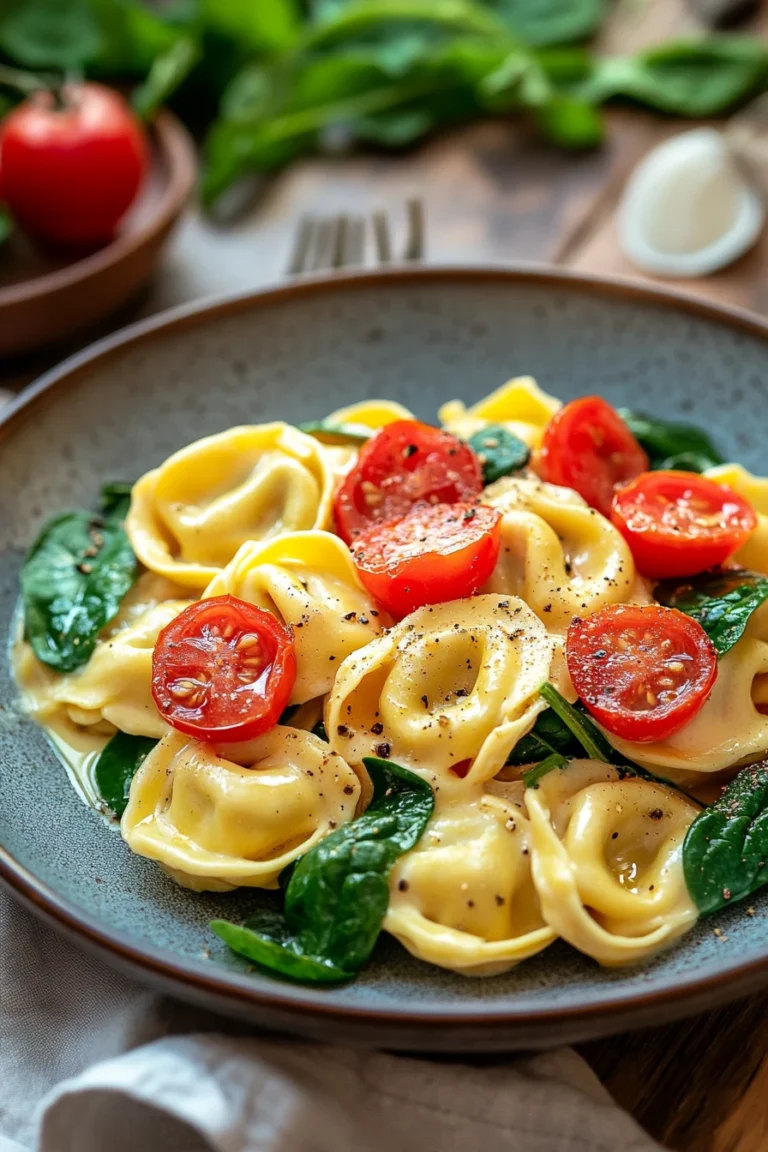 Close-up of one pot pasta tortellini with creamy sauce and herbs