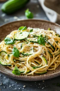 Close-up of one pot pasta with zucchini, garnished with herbs in bright natural lighting.