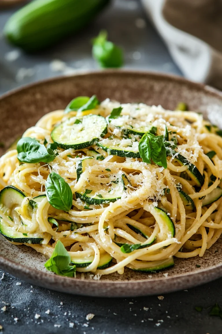 Close-up of one pot pasta with zucchini, garnished with herbs in bright natural lighting.