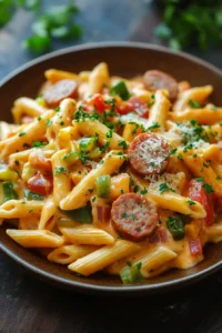 Close-up of creamy one pot sausage cajun pasta with herbs and sausage slices