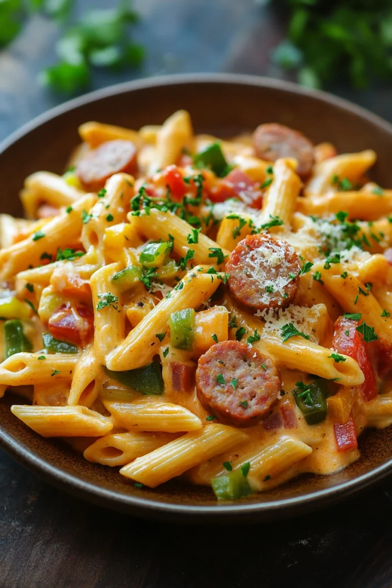 Close-up of creamy one pot sausage cajun pasta with herbs and sausage slices