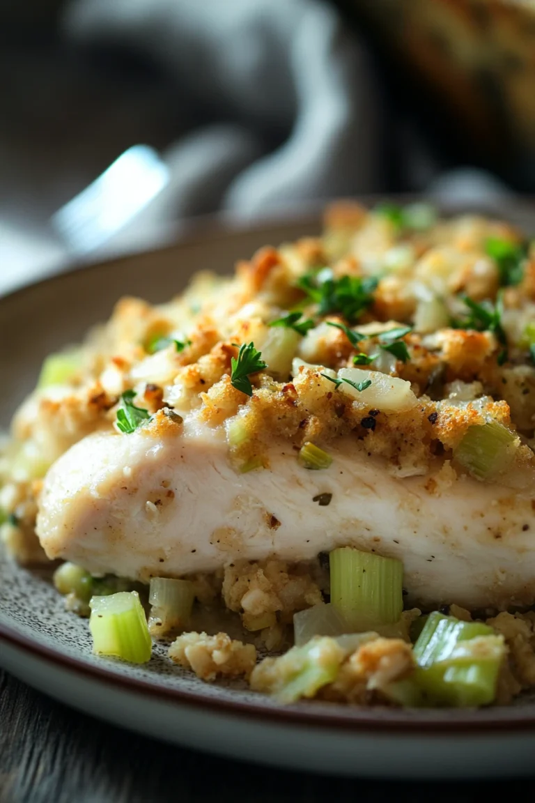 Close-up of oven baked chicken and stuffing casserole with golden crust and herbs