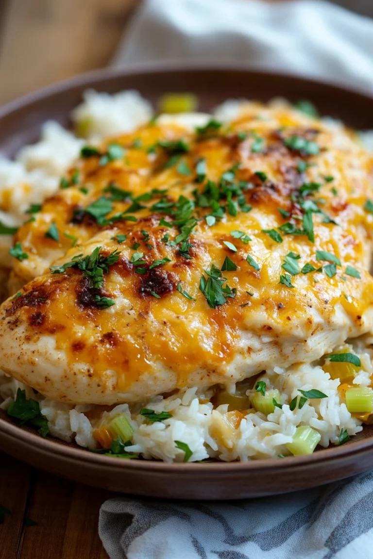 Close-up of Paula Deen chicken and rice casserole with golden crust and creamy texture.