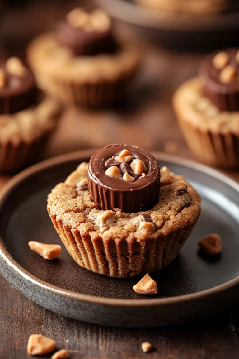 Close-up of peanut butter cookie cups with Reese's pieces on a clean background