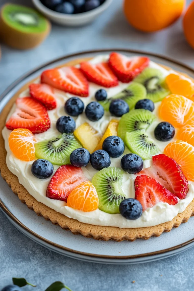 Close-up of a peanut butter cookie fruit pizza topped with fresh fruit slices.