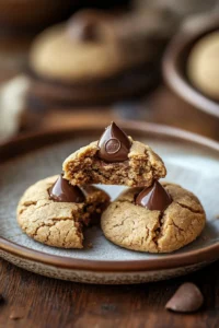 Close-up of peanut butter Hershey kiss cookies on a white background.