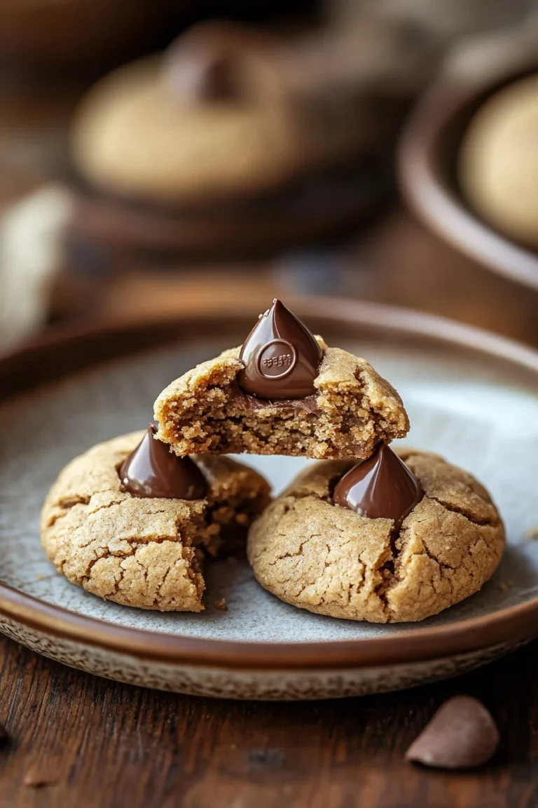 Close-up of peanut butter Hershey kiss cookies on a white background.