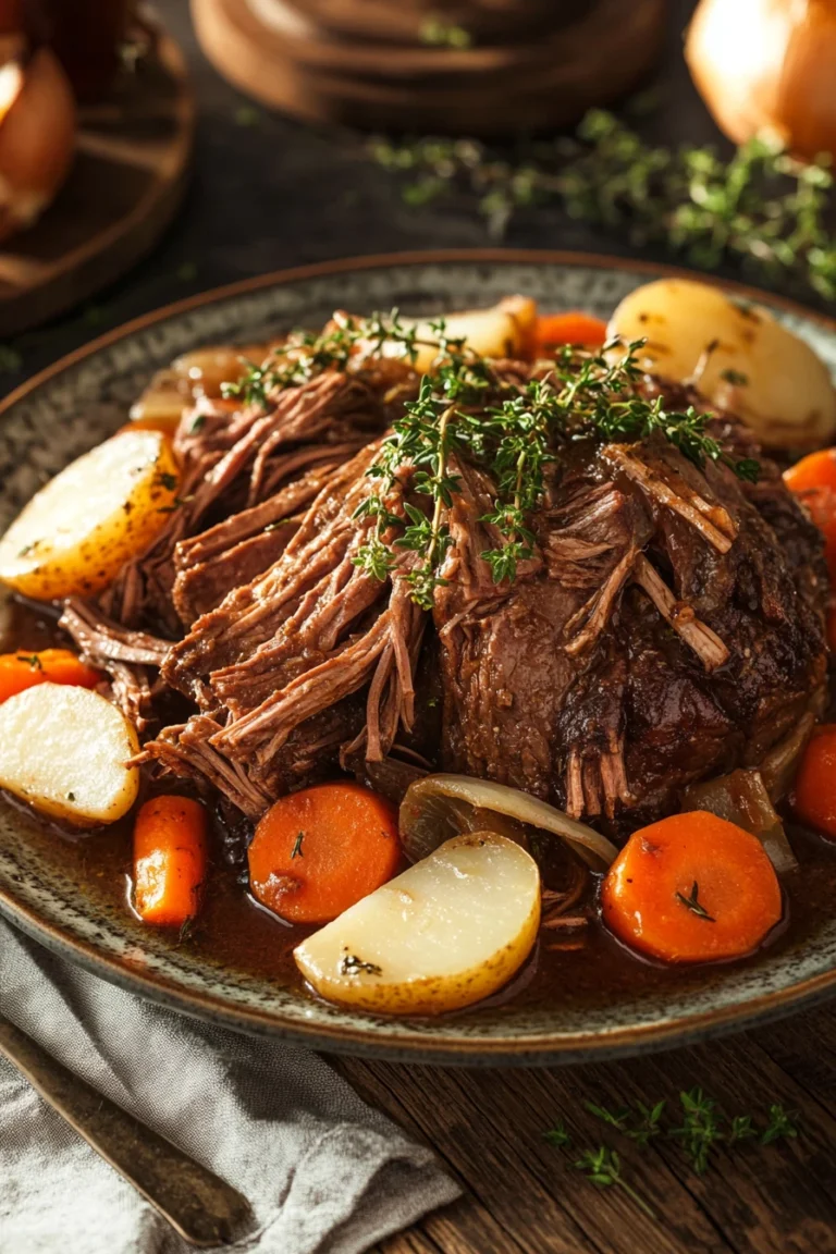 Close-up of a pot roast in a slow cooker with tender meat and vegetables.