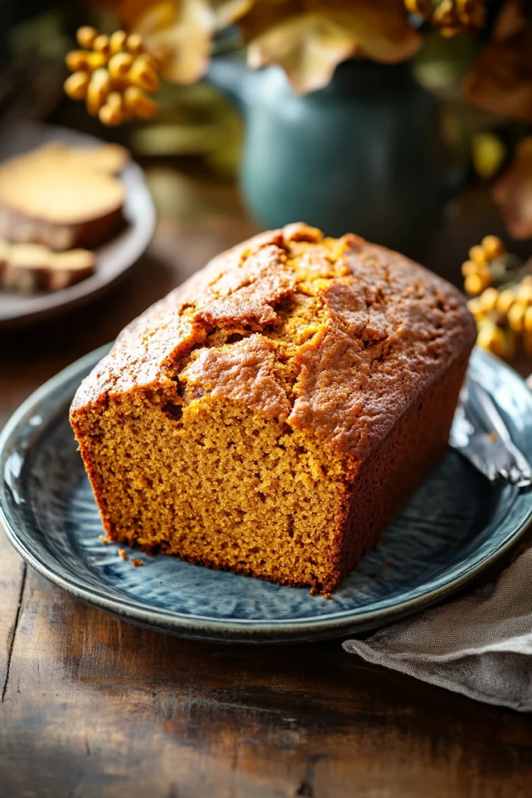 Close-up of freshly baked pumpkin bread with a golden crust on a wooden board.