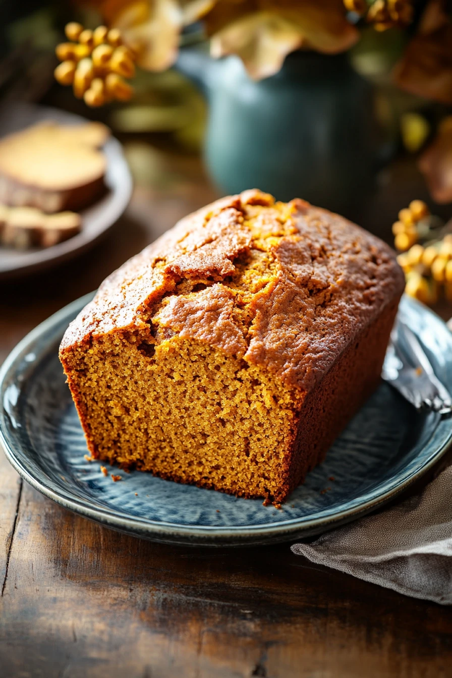 Close-up of freshly baked pumpkin bread with a golden crust on a wooden board.