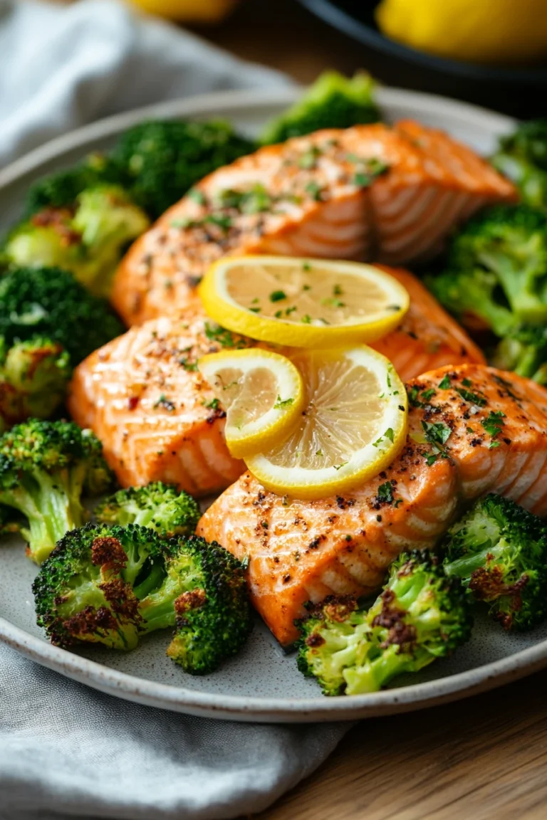 Close-up of a salmon and broccoli sheet pan dinner with bright lighting