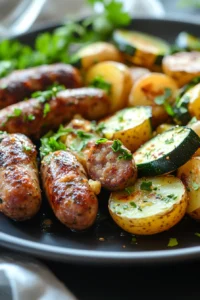 Sausage, potato, and zucchini sheet pan dinner with roasted vegetables