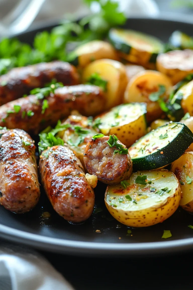 Sausage, potato, and zucchini sheet pan dinner with roasted vegetables