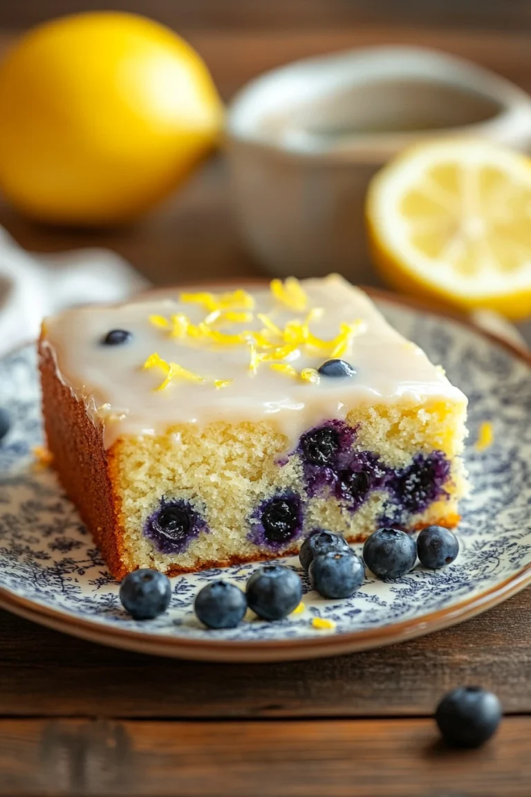 Close-up of a delicious sheet cake with lemon and blueberry toppings, showcasing vibrant colors and textures.