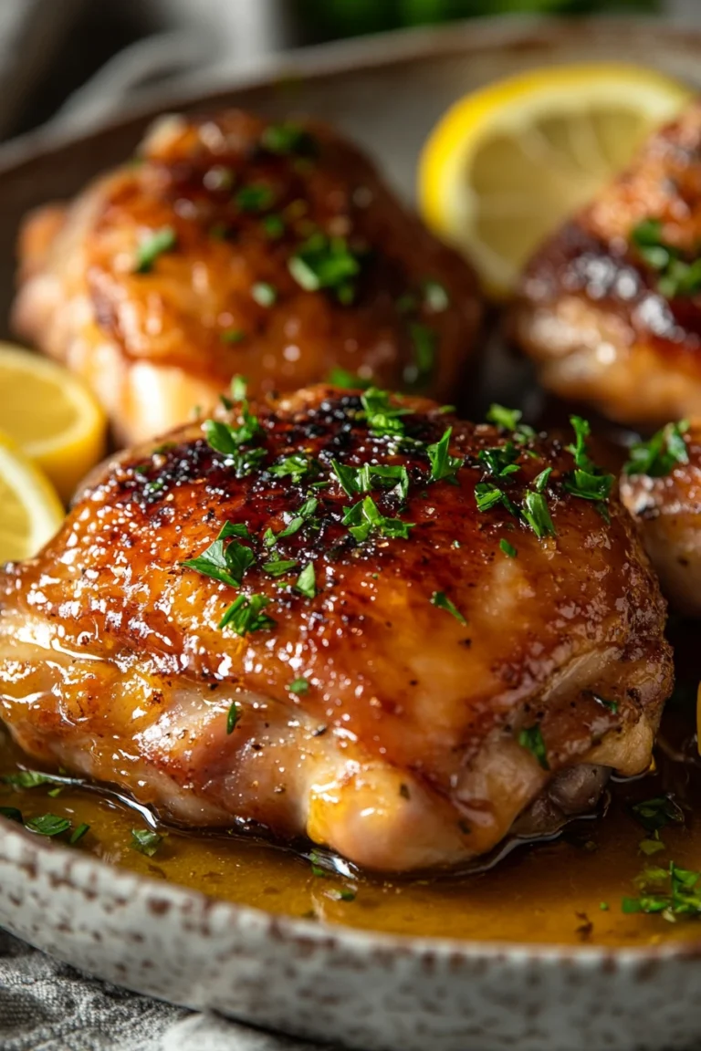 Close-up of a sheet pan chicken with honey glaze and roasted vegetables.