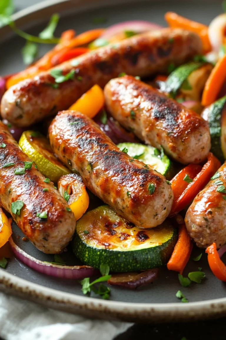Sheet pan chicken sausage links and veggies with bright colors and clean presentation