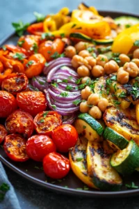 Bright and colorful vegetarian sheet pan dinner with roasted vegetables and herbs