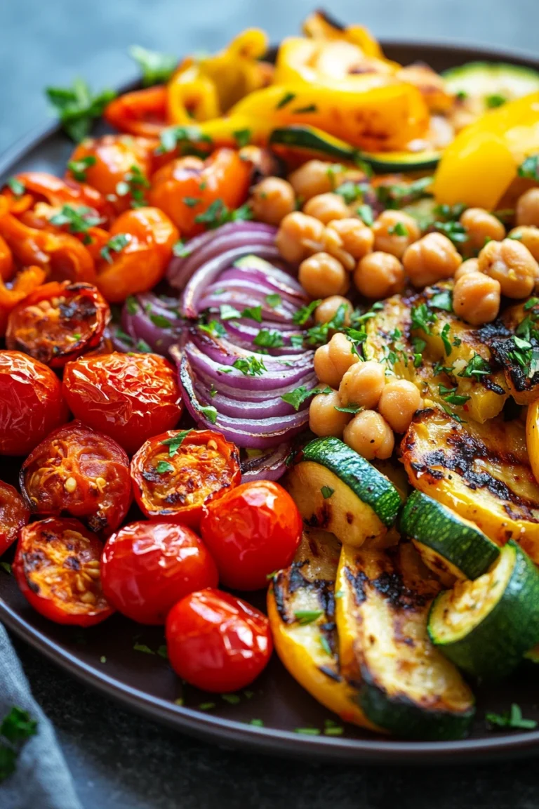 Bright and colorful vegetarian sheet pan dinner with roasted vegetables and herbs