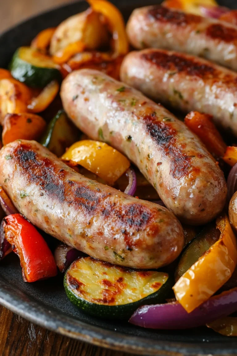Close-up of a sheet pan dinner with bratwurst and roasted vegetables, featuring vibrant colors and textures.