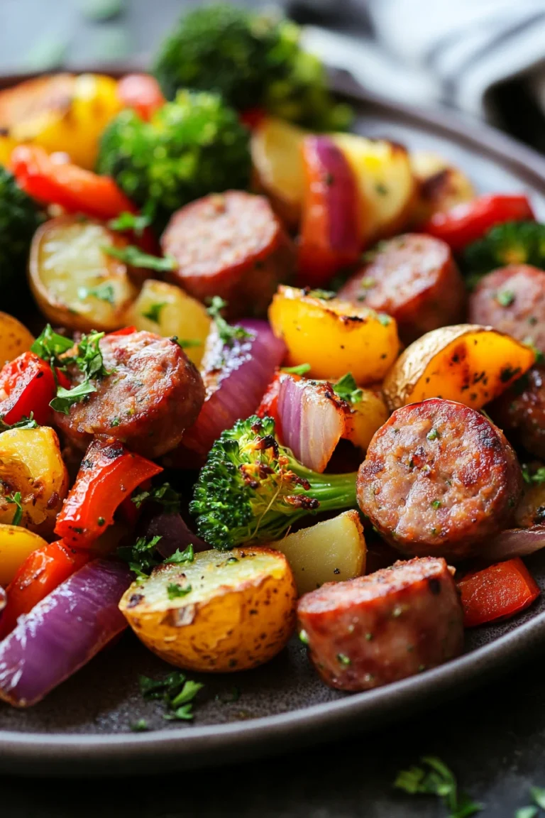 Sheet pan sausage and veggies with potatoes, colorful and appetizing